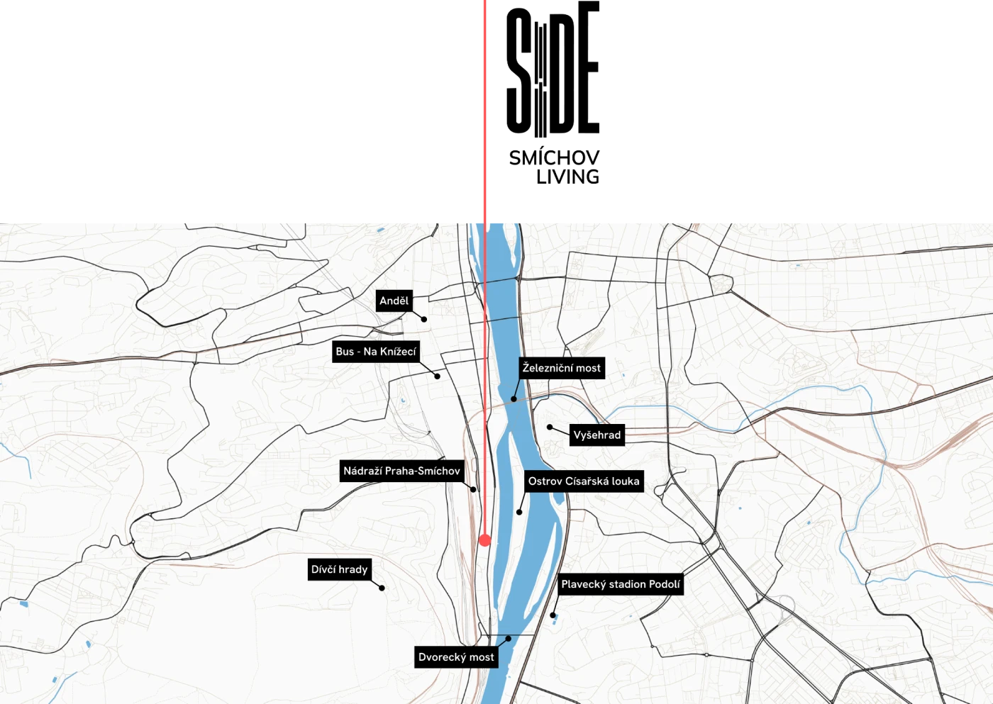 Mapa polohy SIDE Smíchov Living mezi stanicí Anděl, Smíchovským nádražím, Vyšehradem, Císařskou loukou a Dvoreckým mostem