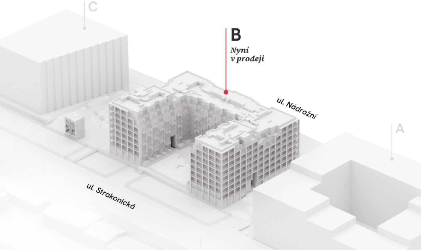 3D model rozdělení projektu SIDE na tři etapy A, B a C — etapa B je aktuálně v prodeji